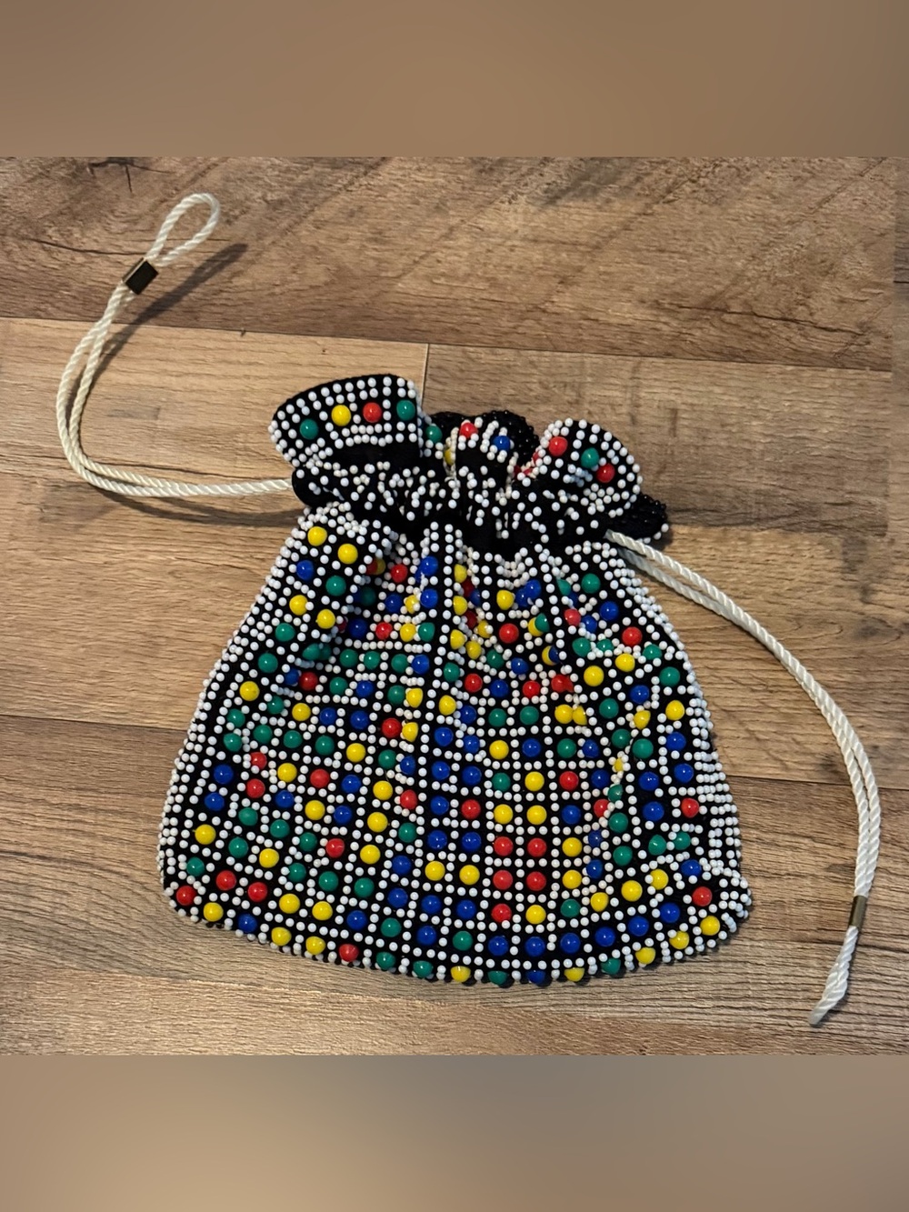 Vintage black / colorful beaded Hong Kong cinch purse